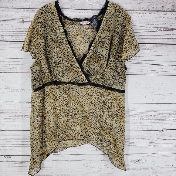 Zoey Beth Plus Brown Sheer Ruffle Trim Surplice Top Blouse Size 2X - Picture 1 of 12